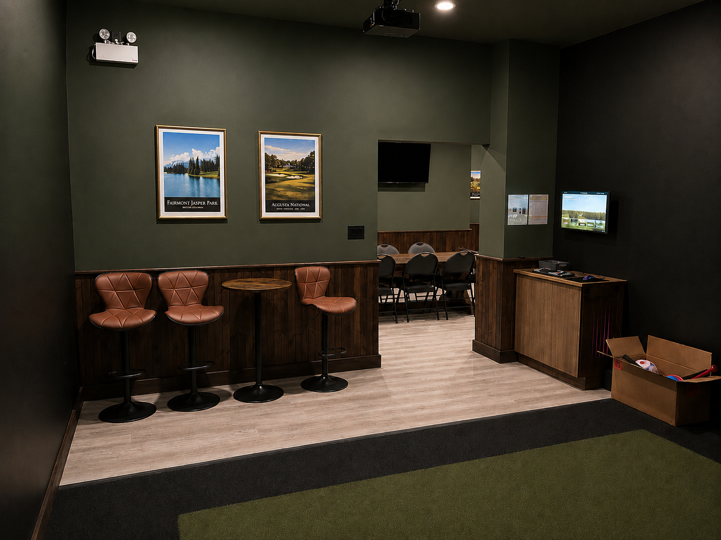 Custom in-home golf simulator lounge built by GTI Construction